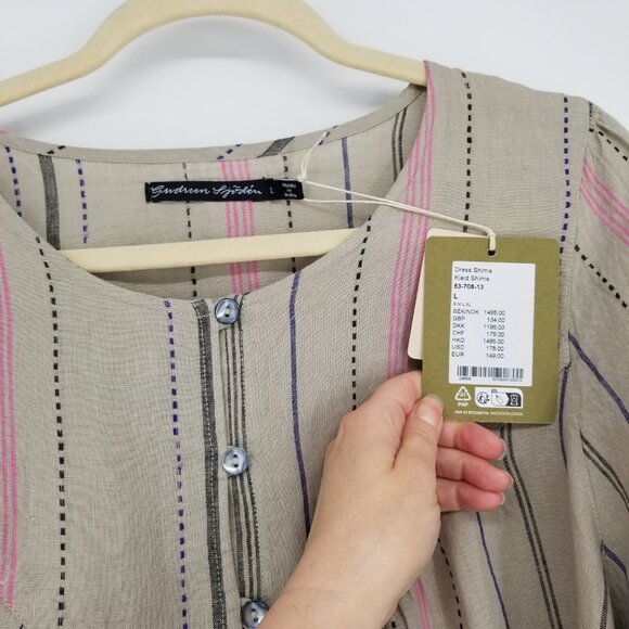 NWT Gudrun Sjoden Linen Striped Shima Dress, pintucks -L- Lagenlook, Cottagecore - Picture 3 of 9